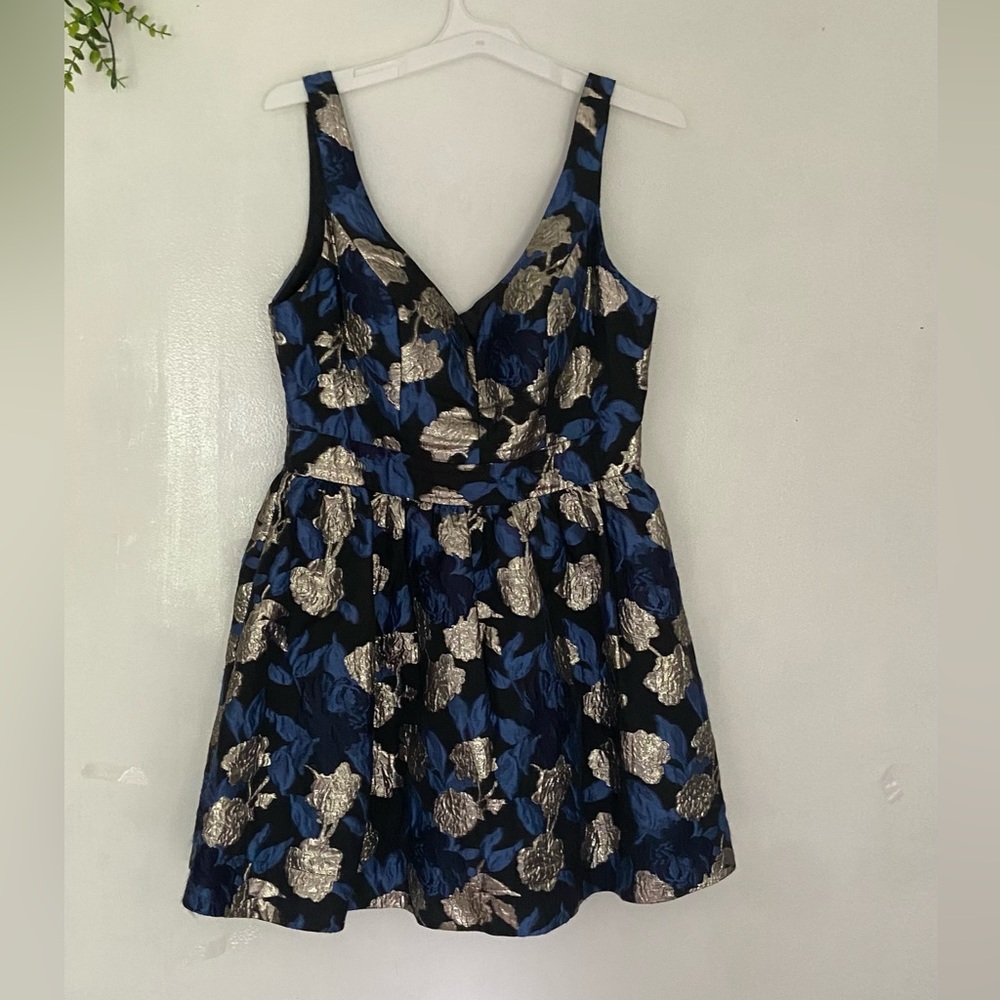 B. Darlin Mini Dress Sz 13/14 Black with Gold/Silver and Blue Floral Design